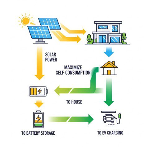 Grafik, die zeigt, wie Sonnenenergie von der PV-Anlage in den Stromspeicher und dann zur Wallbox für das E-Auto fließt.

